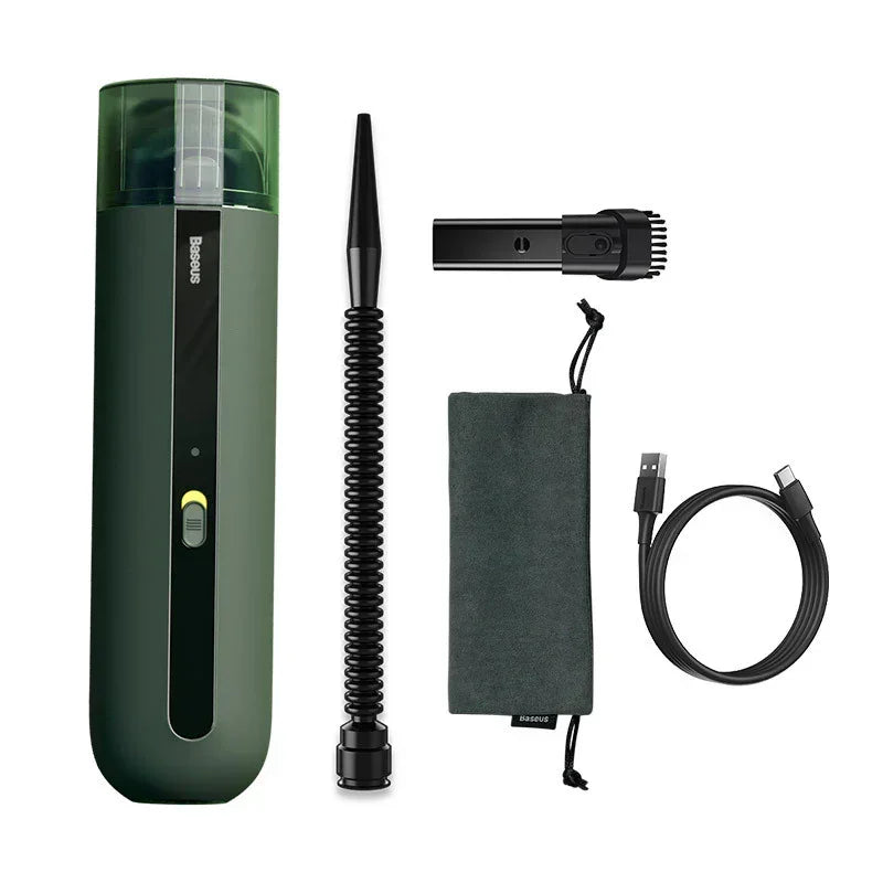 Portable handheld vacuum cleaner in dark green with attachments, USB cable, and storage pouch