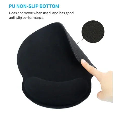 Black ergonomic mouse pad with non-slip PU bottom and wrist support, close-up view
