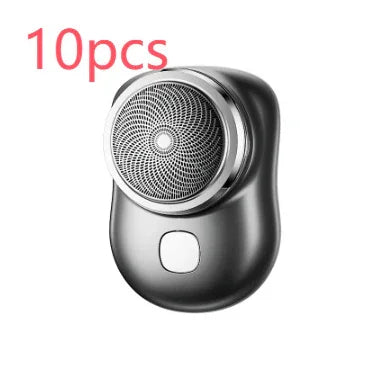 Compact electric shaver in metallic finish with ergonomic design, shown with 10pcs label