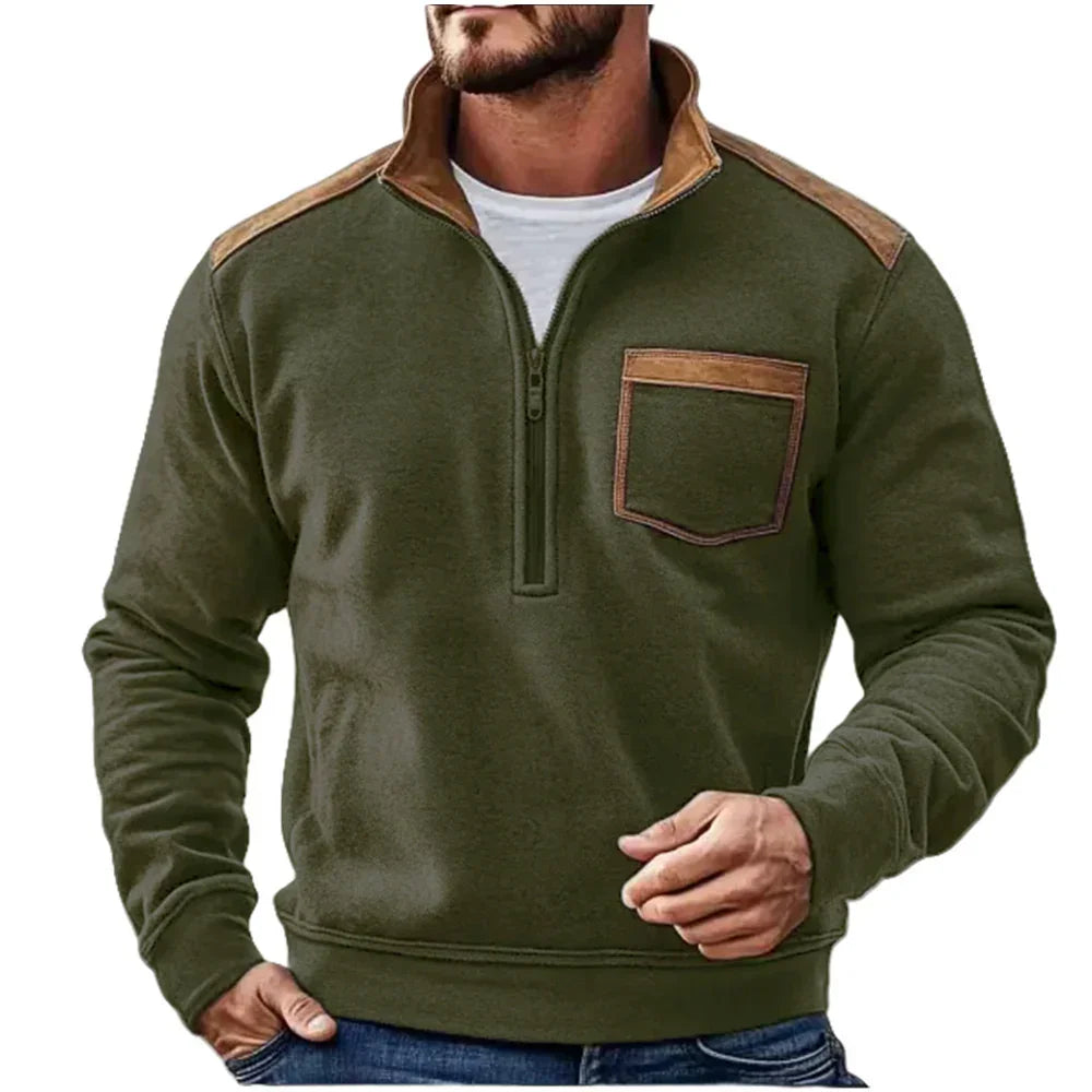 Men's olive green quarter-zip pullover with tan faux leather accents and relaxed fit
