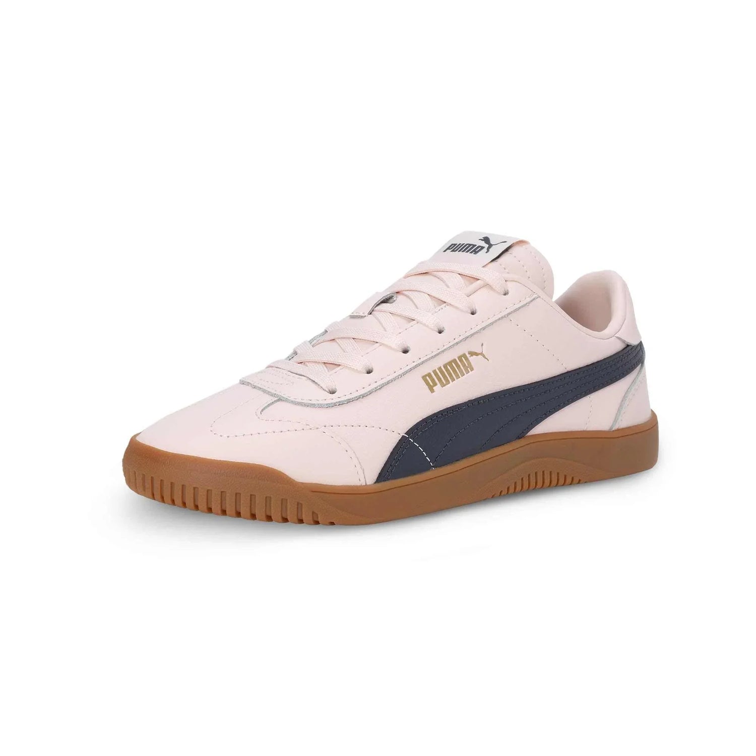 Low-top sneaker with light pink leather upper, dark side stripe, and gum rubber sole.