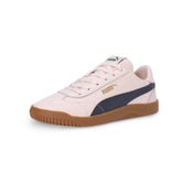 Low-top sneaker with light pink leather upper, dark side stripe, and gum rubber sole.