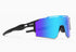 Futuristic black sunglasses with large blue mirrored shield lens, sporty fit