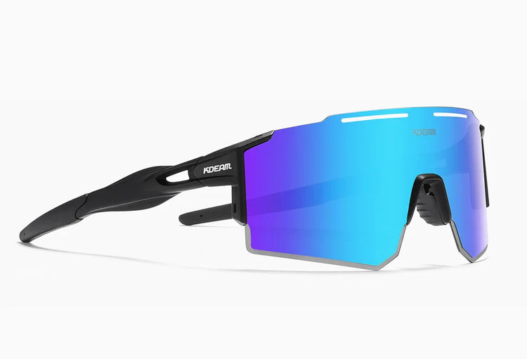 Futuristic black sunglasses with large blue mirrored shield lens, sporty fit