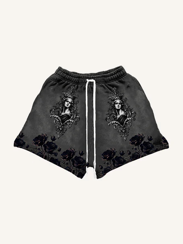 Dark gray streetwear shorts with gothic portrait design and black rose print, relaxed fit