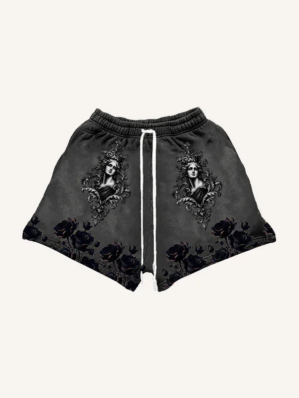 Dark gray streetwear shorts with gothic portrait design and black rose print, relaxed fit