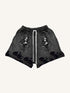 Dark gray streetwear shorts with gothic portrait design and black rose print, relaxed fit