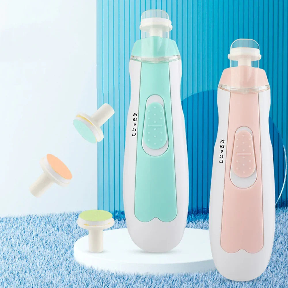 Electric nail file set with pastel pink and mint green handles, interchangeable sanding heads, ergonomic and portable design