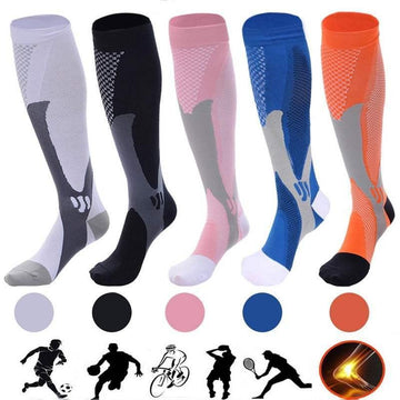 Colorful knee-high athletic compression socks in white, black, pink, blue, and orange, breathable mesh material, slim fit.
