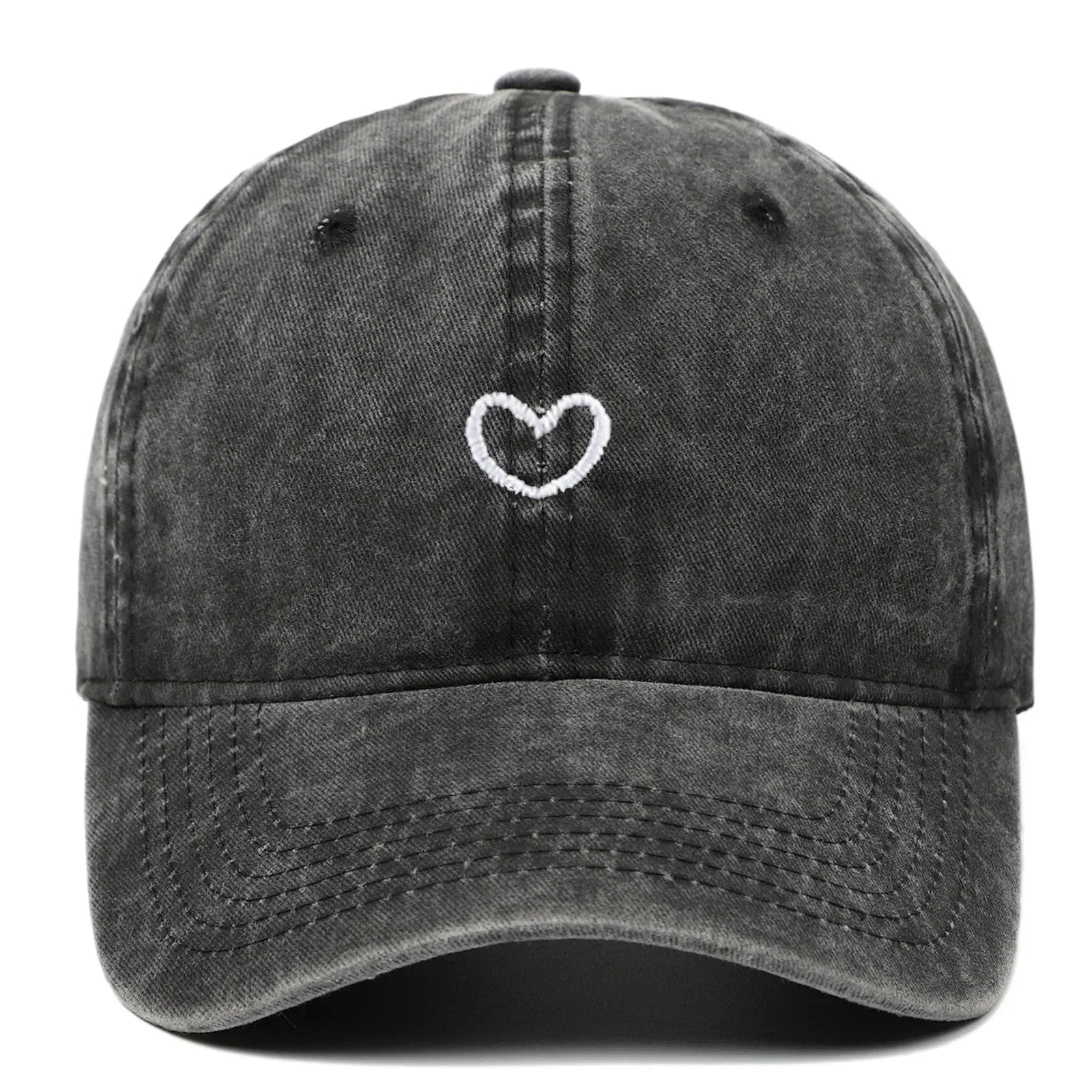 Black washed cotton dad hat with white embroidered heart, relaxed fit streetwear cap