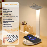 Modern white LED desk lamp with wireless charging base, ABS material, rectangular shape, touch control, placed on wooden desk.