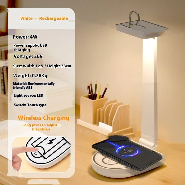 Modern white LED desk lamp with wireless charging base, ABS material, rectangular shape, touch control, placed on wooden desk.
