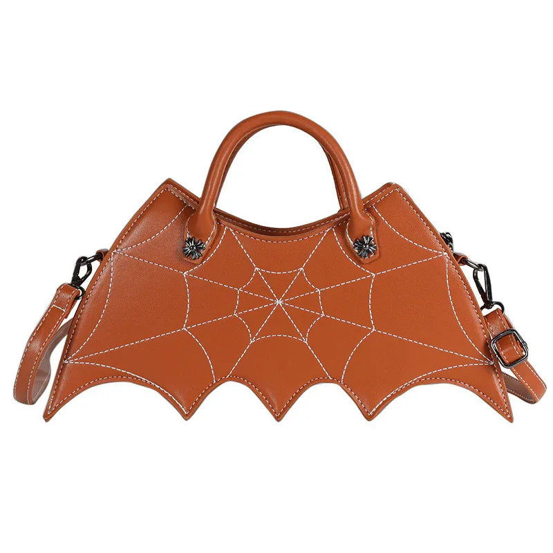 Brown faux leather handbag with spider web stitching, bat wing shape, detachable strap, streetwear style.