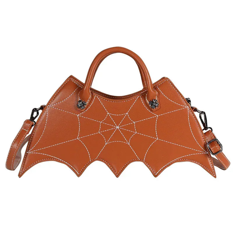 Brown faux leather handbag with spider web stitching, bat wing shape, detachable strap, streetwear style.