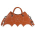 Brown faux leather handbag with spider web stitching, bat wing shape, detachable strap, streetwear style.
