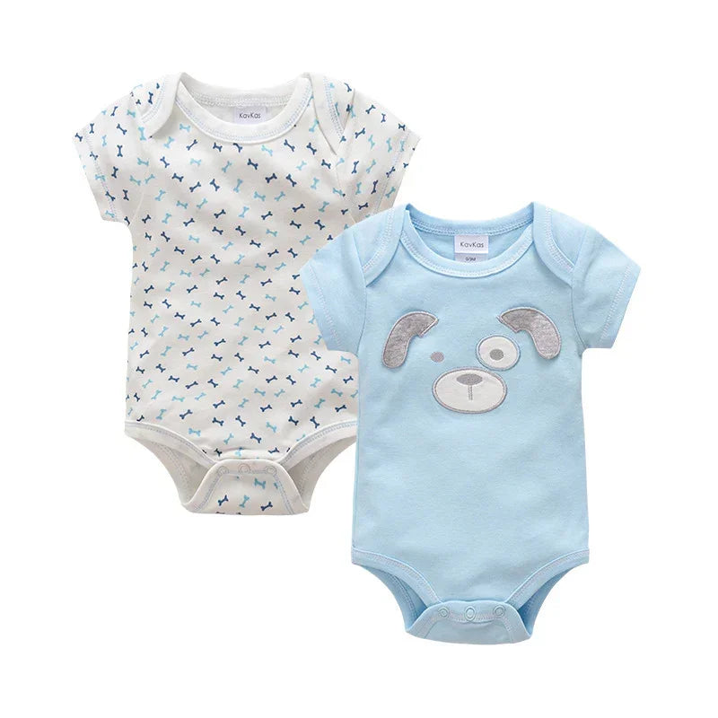 Two short-sleeve cotton baby bodysuits, one in blue with dog face, one white with blue print.