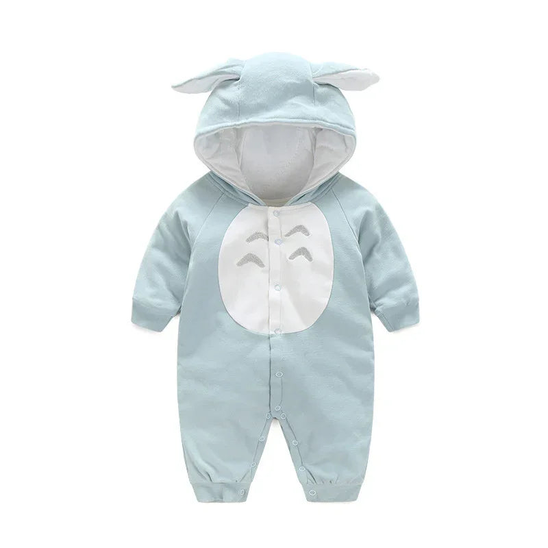 Light blue baby romper with animal ear hood, cotton material, button closure, relaxed fit
