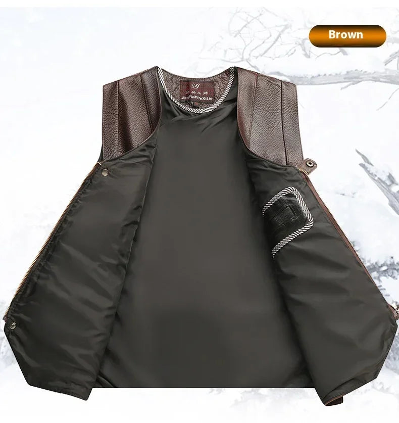 Brown faux leather sleeveless vest with padded interior and relaxed fit, modern streetwear style