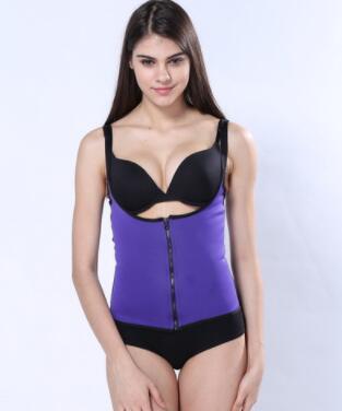 Woman wearing purple zip-up shapewear vest, black bra, and black briefs, slim fit