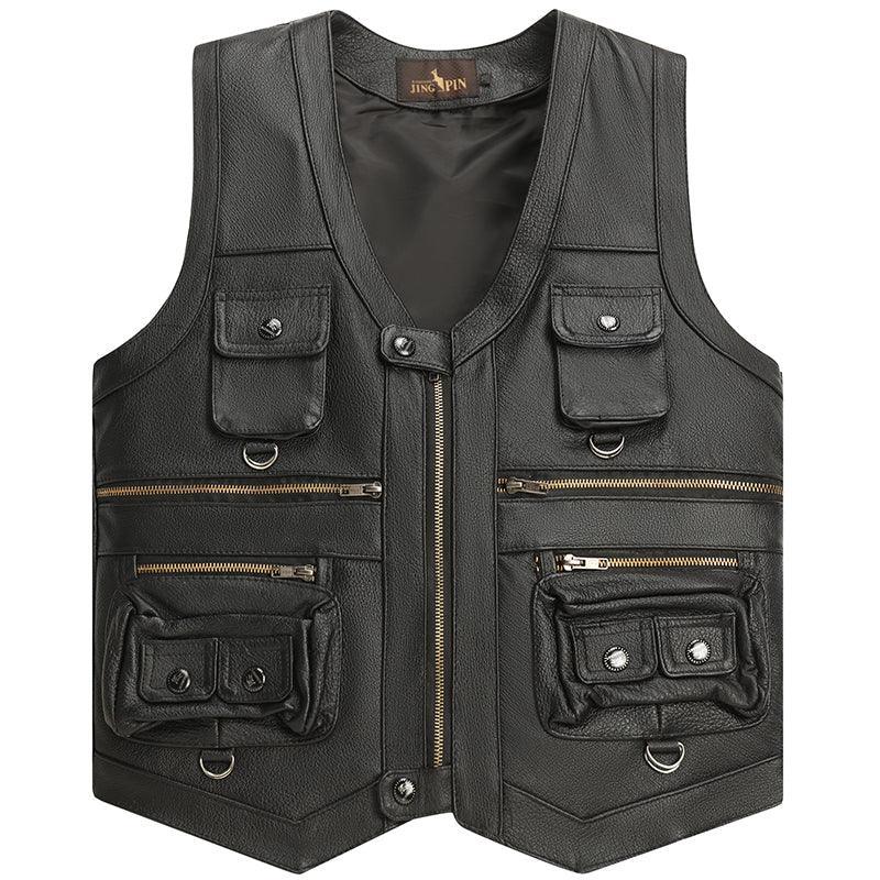 Black faux leather utility vest with multiple zip pockets and snap closures, modern streetwear style