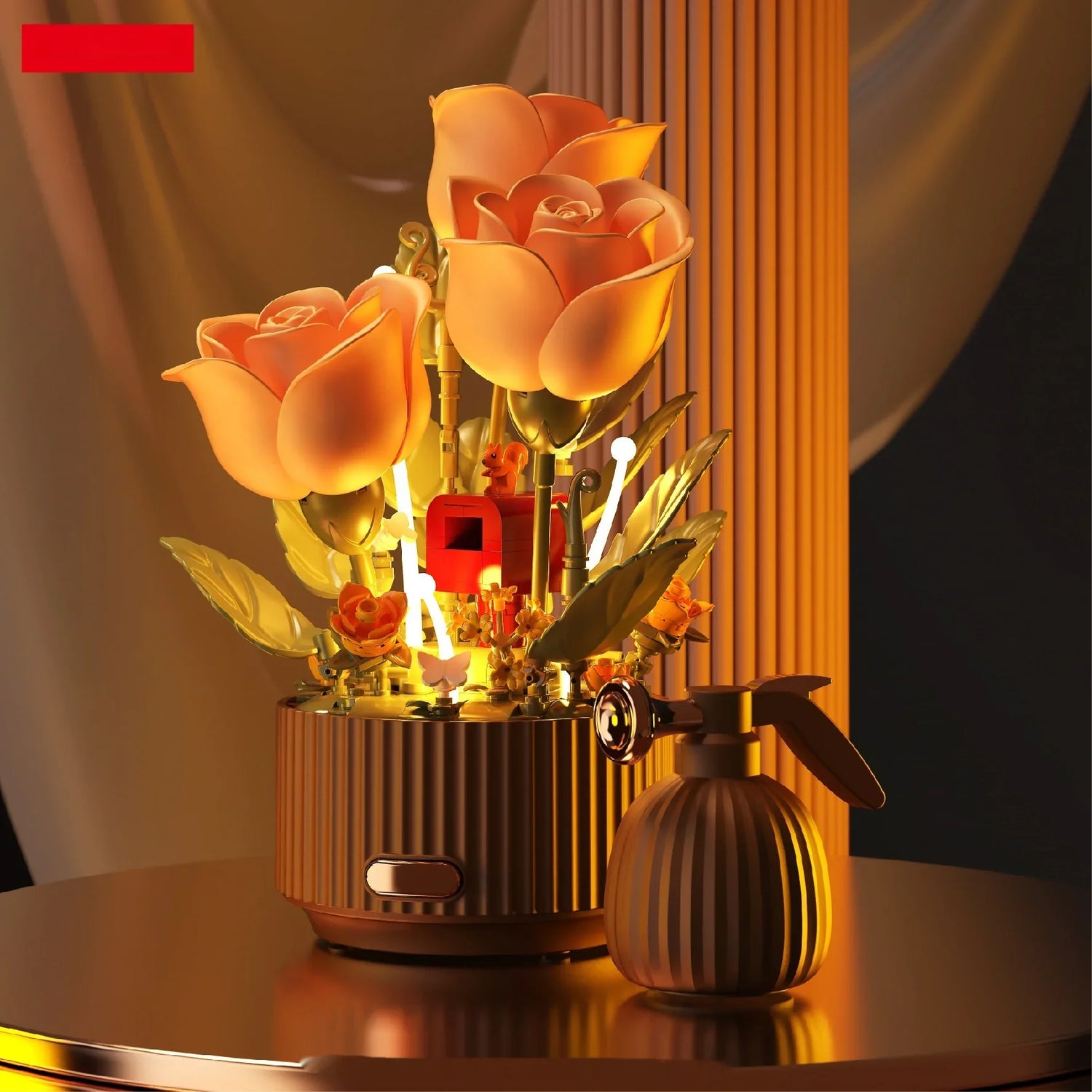 Warm-toned artificial rose bouquet in gold ribbed vase with matching spray bottle, modern decor