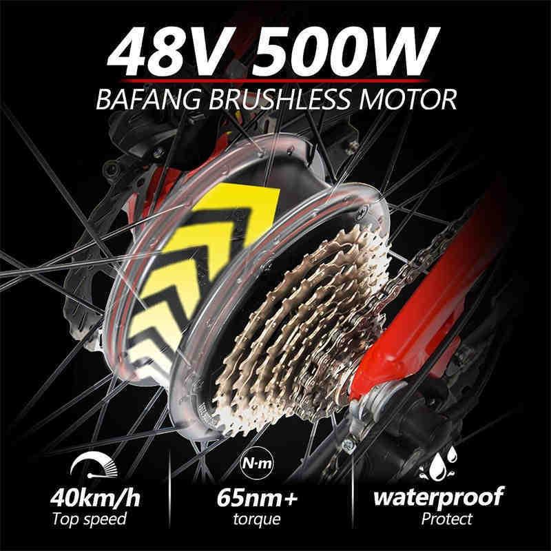 Close-up of 48V 500W Bafang brushless e-bike motor on rear wheel, with gear cassette and red frame, highlighting 40km/h top speed, 65nm torque, and waterproof design.