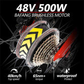 Close-up of 48V 500W Bafang brushless e-bike motor on rear wheel, with gear cassette and red frame, highlighting 40km/h top speed, 65nm torque, and waterproof design.