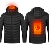 Black heated jacket coat with hood, USB electric heating, cotton insulation, and temperature control for men&