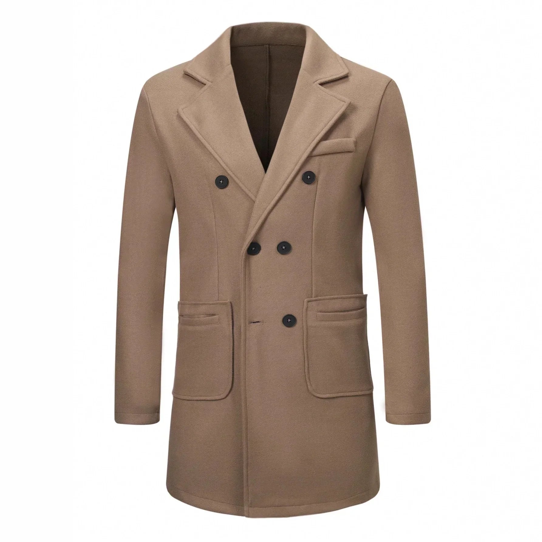 Men's camel double-breasted wool coat with notch lapel and tailored fit