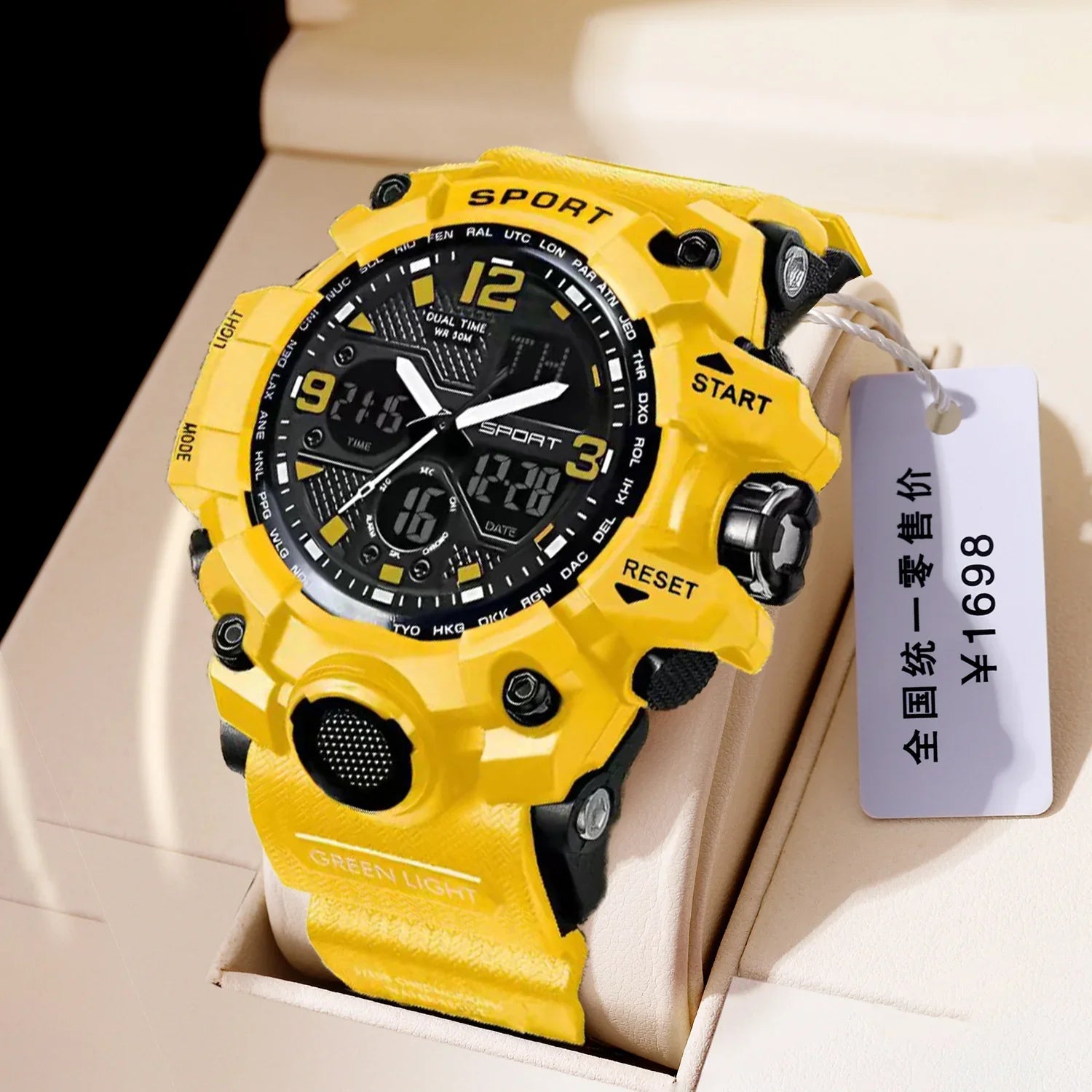 Bold yellow digital-analog sports watch with large black face and rugged strap, displayed in box
