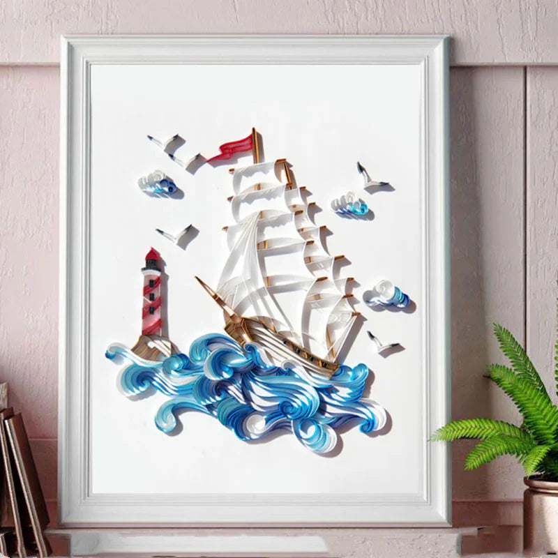 Framed nautical wall art with 3D sailboat, blue ocean waves, and lighthouse design