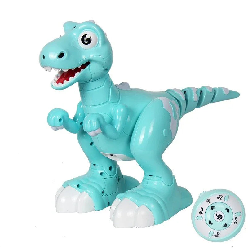 Light blue plastic dinosaur toy with remote control, glossy finish, standing upright
