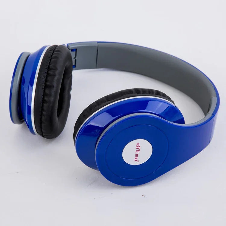 Blue over-ear headphones with glossy finish and black cushioned ear pads on white background