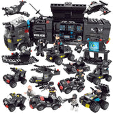 Black and gray police SWAT building block set with figures, vehicles, and helicopter toys.