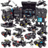 Black and gray police SWAT building block set with figures, vehicles, and helicopter toys.
