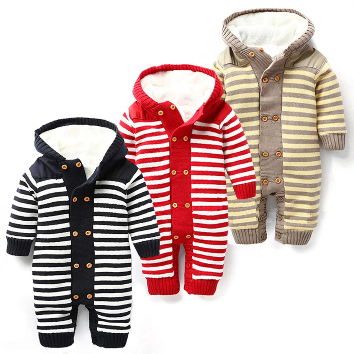 Striped hooded knit baby jumpsuits in navy, red, and beige, with cozy fleece lining and button front.