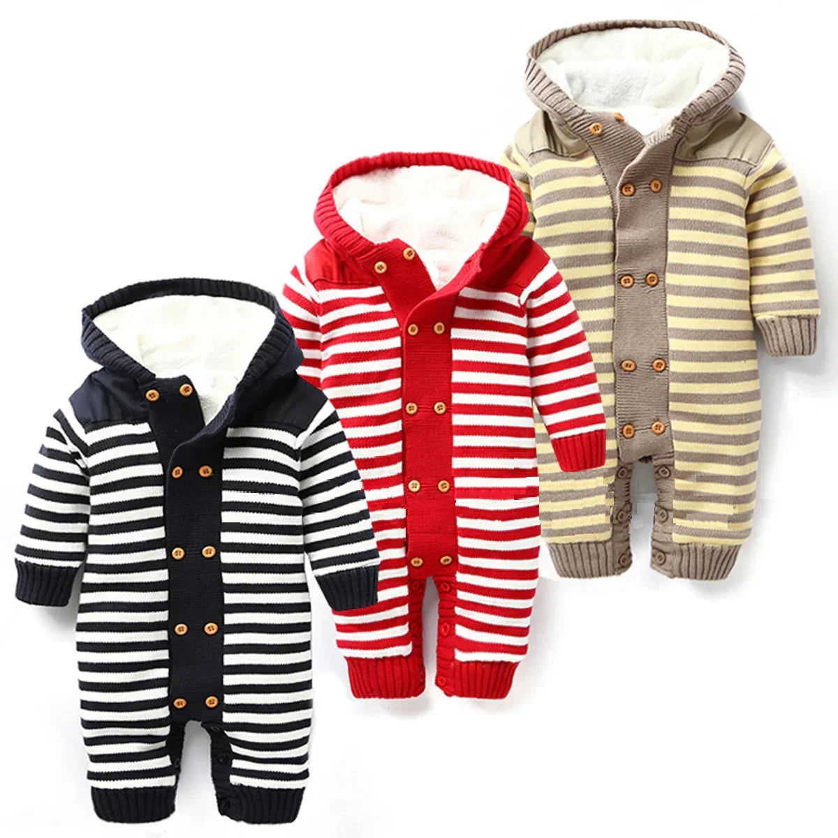 Striped hooded knit baby jumpsuits in navy, red, and beige, with cozy fleece lining and button front.