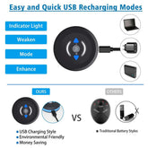Round black tech device with LED indicators and USB charging, compared to traditional battery style.