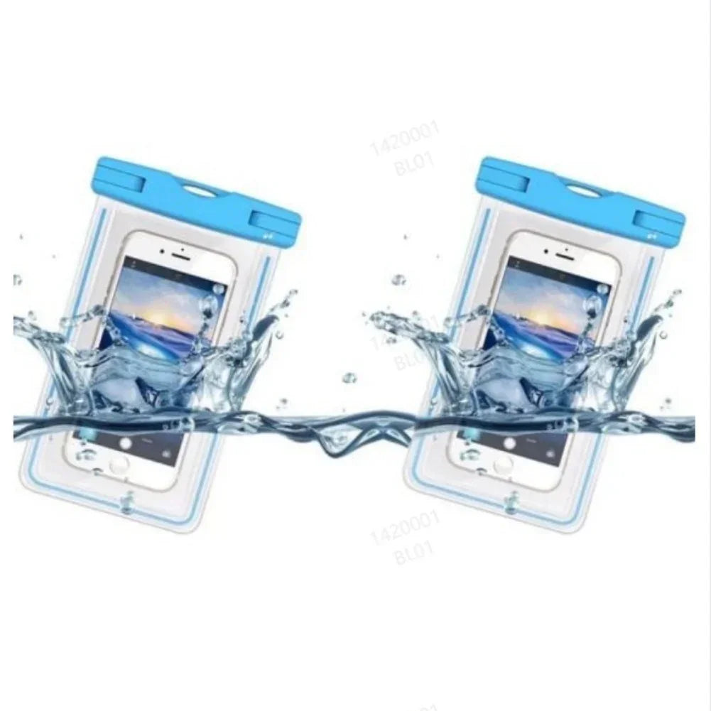 Clear waterproof phone pouches with blue seals, splashproof and floating in water.