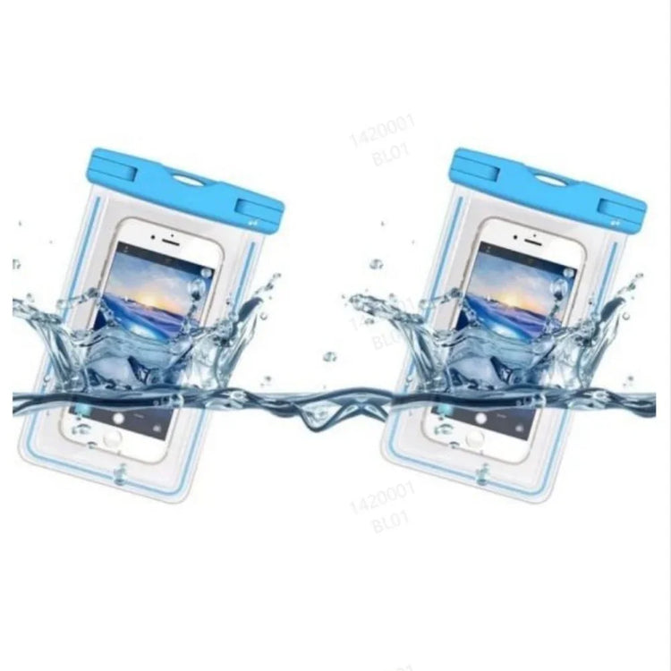 Clear waterproof phone pouches with blue seals, splashproof and floating in water.