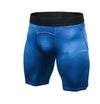 Blue hexagonal-patterned compression shorts with black waistband, snug athletic fit