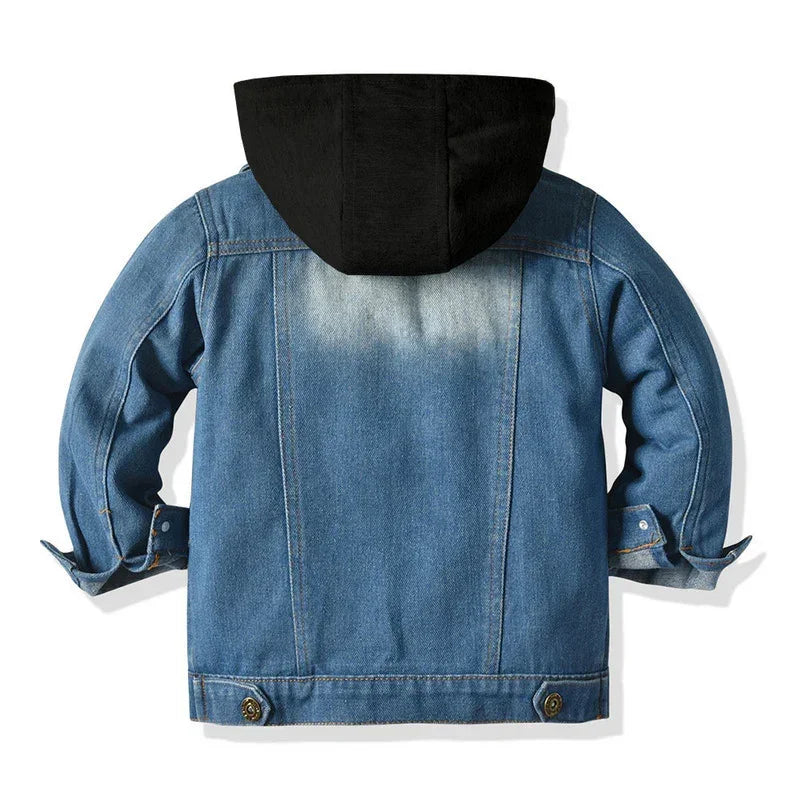Blue denim jacket with black hood, relaxed fit, button cuffs, and faded back detail