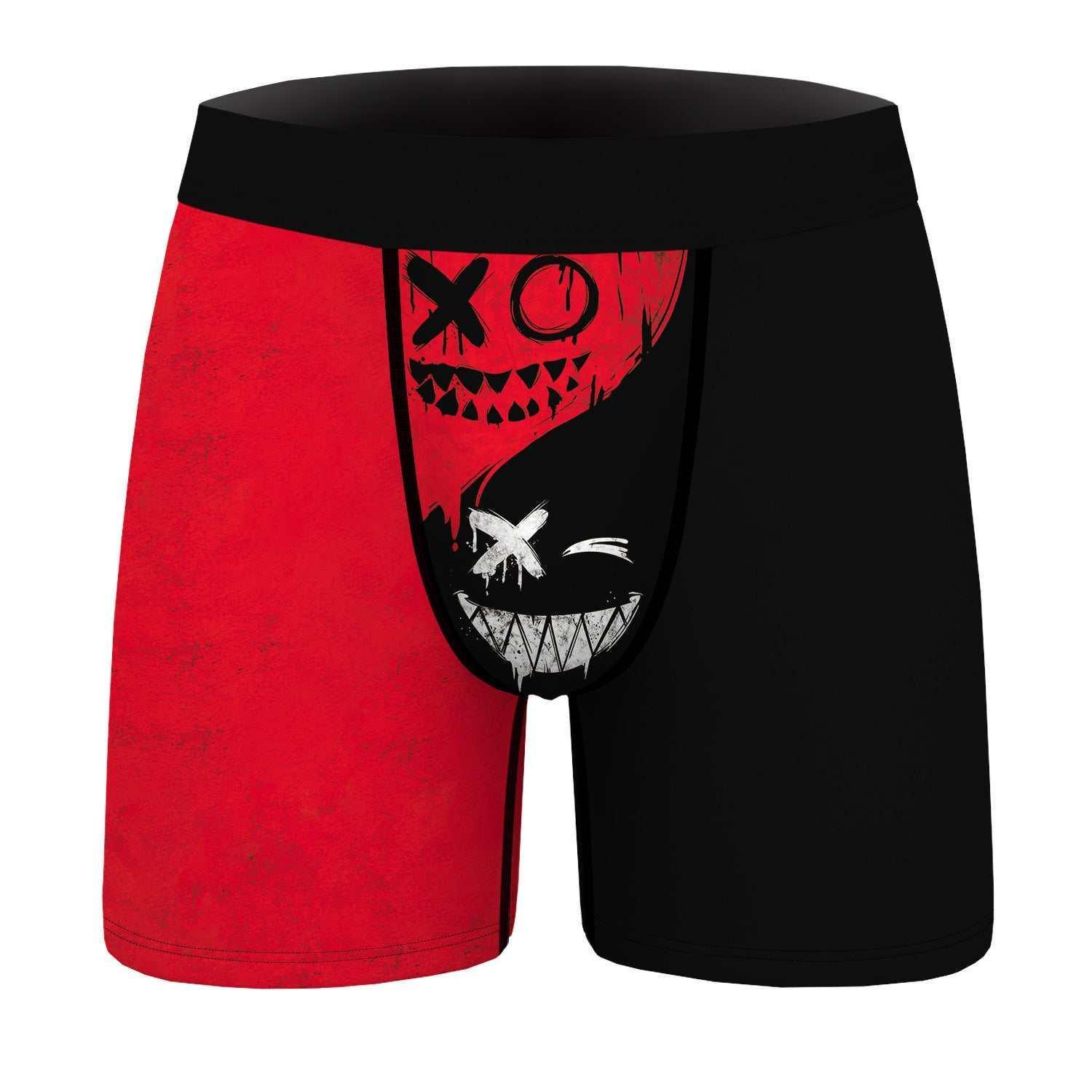 Men's red and black boxer briefs with creepy face graphic, stretchy athletic fit