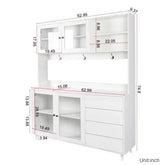 White modern multi-functional storage cabinet with upper glass doors, multiple shelves, drawers, and hooks, shown with detailed measurements.