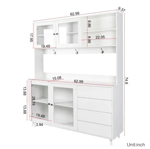 White modern multi-functional storage cabinet with upper glass doors, multiple shelves, drawers, and hooks, shown with detailed measurements.