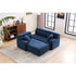 Modern blue upholstered sectional sofa with plush cushions and chaise lounge on a beige rug