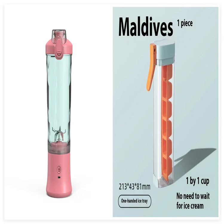 Modern pink portable blender and clear ice cube tray with orange handle, minimalist style.