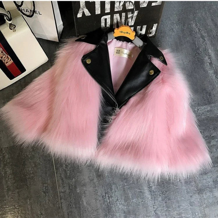 Pink faux fur jacket with black leather collar, short fit, modern streetwear style