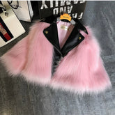 Pink faux fur jacket with black leather collar, short fit, modern streetwear style