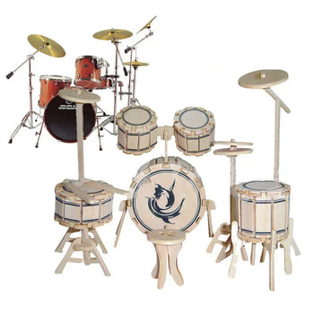 Wooden drum set model kit with detailed components, next to a full-size acoustic drum kit.